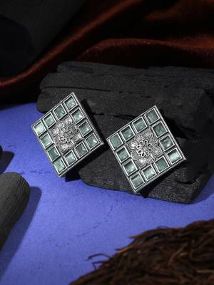 Oxidised green-color stone-studded square-shape studs 1