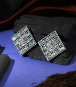 Oxidised green-color stone-studded square-shape studs