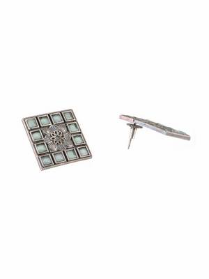 Oxidised green-color stone-studded square-shape studs 2