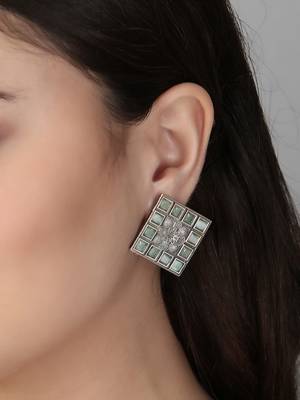 Oxidised green-color stone-studded square-shape studs 3