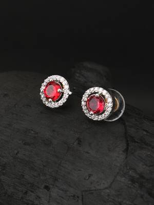 Rhodium-plated red stone-studded handcrafted studs 1