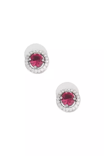 Rhodium-plated red stone-studded handcrafted studs