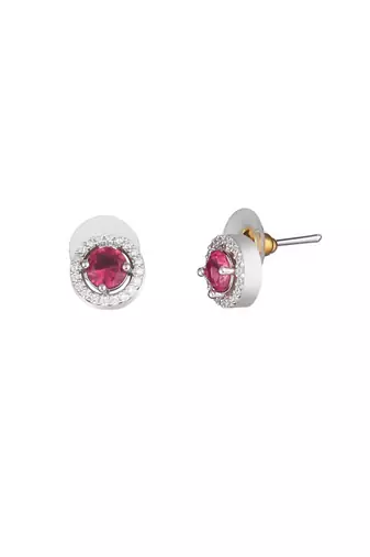 Rhodium-plated red stone-studded handcrafted studs
