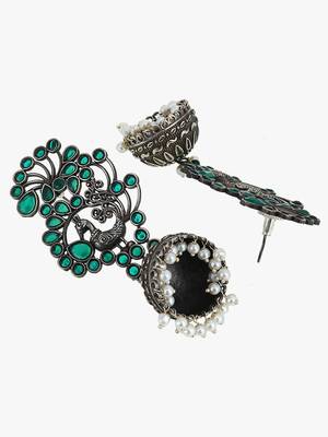 Women silver plated green stone-studded peacock shaped jhumka 2