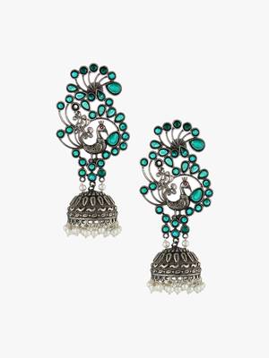 Women silver plated green stone-studded peacock shaped jhumka 3