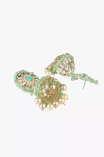 Gold-plated kundan-studed pearl beaded dome shape jhumki