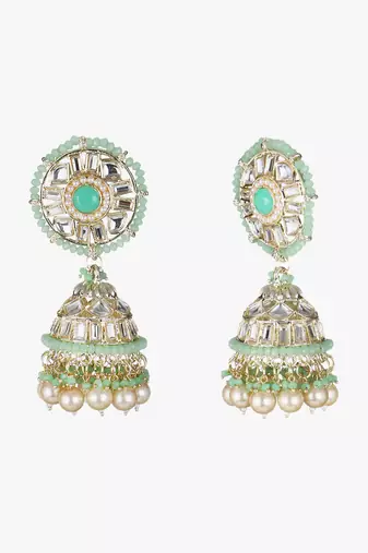 Gold-plated kundan-studed pearl beaded dome shape jhumki