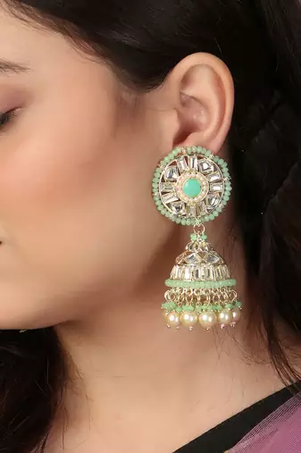Gold-plated kundan-studed pearl beaded dome shape jhumki
