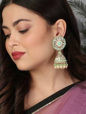 Gold-plated kundan-studed pearl beaded dome shape jhumki 1