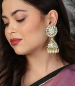 Gold-plated kundan-studed pearl beaded dome shape jhumki