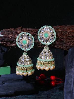 Gold-plated kundan-studed pearl beaded dome shape jhumki 5