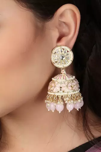Gold-plated kundan-studed pearl tessel dome shape jhumki