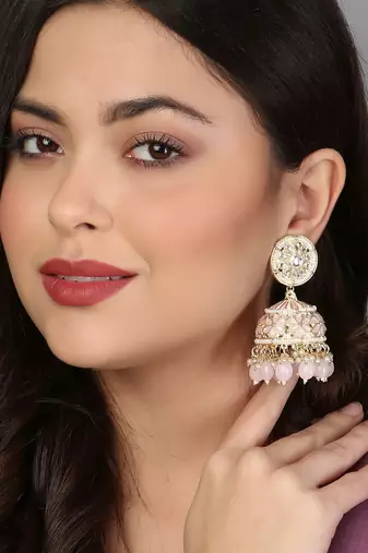 Gold-plated kundan-studed pearl tessel dome shape jhumki