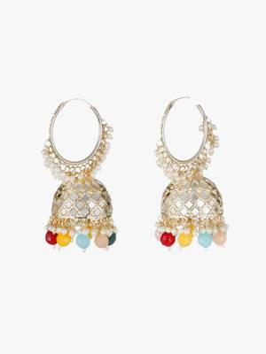 Gold-plated kundan-studed pearl tessel dome shape jhumki 1