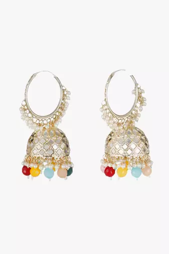 Gold-plated kundan-studed pearl tessel dome shape jhumki