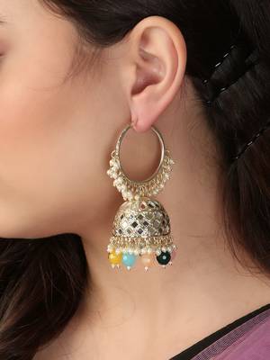 Gold-plated kundan-studed pearl tessel dome shape jhumki 4