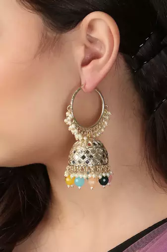 Gold-plated kundan-studed pearl tessel dome shape jhumki