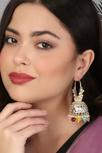 Gold-plated kundan-studed pearl tessel dome shape jhumki