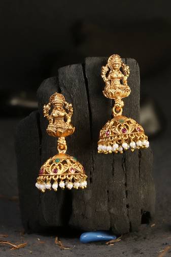 Women 24ct gold-plated antique temple stone-studded white-pearl jhumka