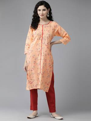 Aarika womens peach colour cotton blend floral print kurti 1