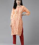 Aarika womens peach colour cotton blend floral print kurti