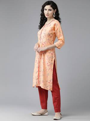 Aarika womens peach colour cotton blend floral print kurti 3