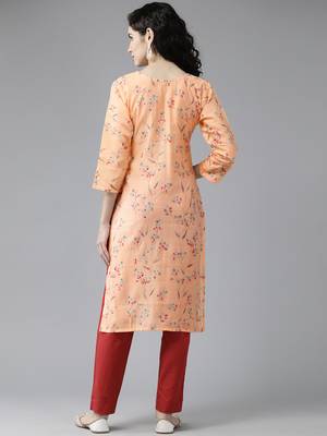 Aarika womens peach colour cotton blend floral print kurti 4