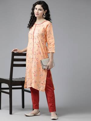 Aarika womens peach colour cotton blend floral print kurti 5