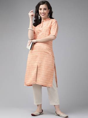 Aarika womens peach colour silk printed kurti 1