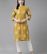 Aarika womens mustard colour rayon printed kurti
