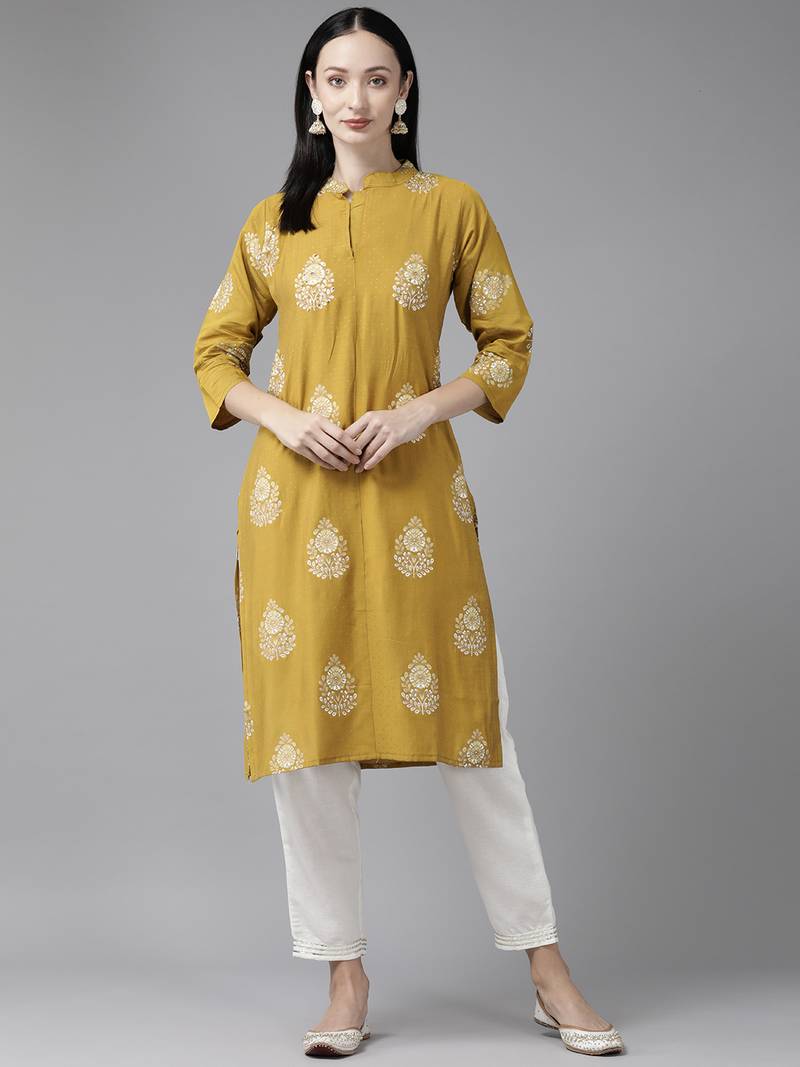 Aarika womens mustard colour rayon printed kurti