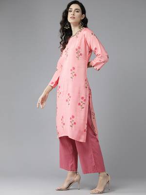 Aarika womens peach colour silk floral print kurti 3