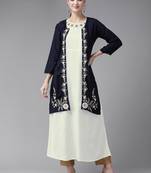 Aarika womens cream-navy blue colour rayon embroidery/solid kurti shrug