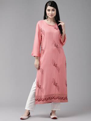 Aarika womens peach colour rayon embroidery kurti 1
