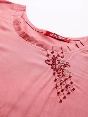 Aarika womens peach colour rayon embroidery kurti 2