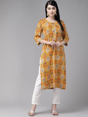 Aarika womens yellow colour cotton blend printed kurti 1