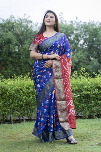 Blue Woven Design Bandhej Silk Blend Saree With Blouse