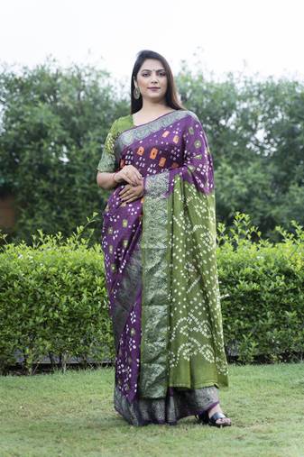 Purple Woven Design Bandhej Silk Blend Saree With Blouse