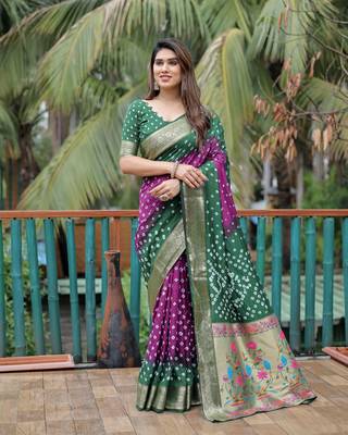 Green Purple Woven Design Bandhej silk blend Saree With Blouse 1