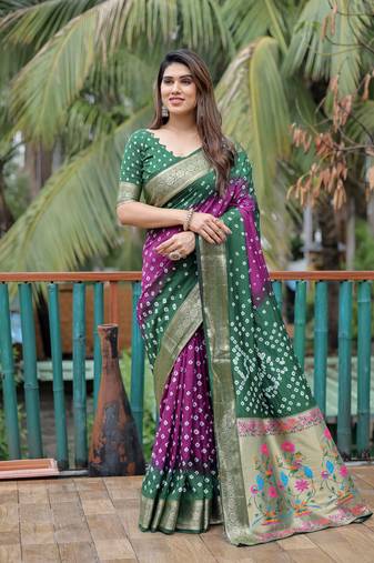 Green Purple Woven Design Bandhej Silk Blend Saree With Blouse