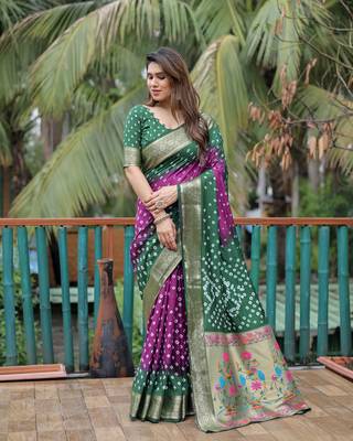 Green Purple Woven Design Bandhej silk blend Saree With Blouse 2