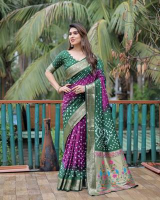 Green Purple Woven Design Bandhej silk blend Saree With Blouse 3