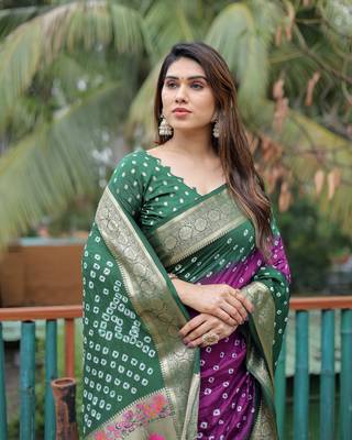 Green Purple Woven Design Bandhej silk blend Saree With Blouse 4