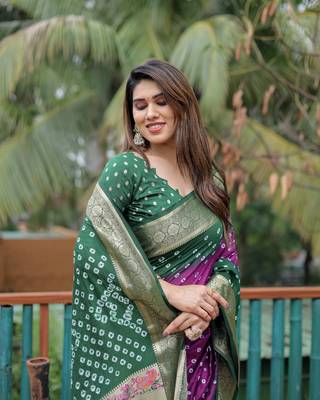 Green Purple Woven Design Bandhej silk blend Saree With Blouse 5