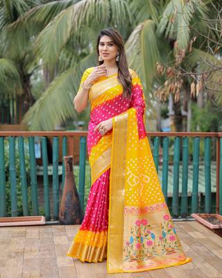 Yellow Pink Woven Design Bandhej silk blend Saree With Blouse 1