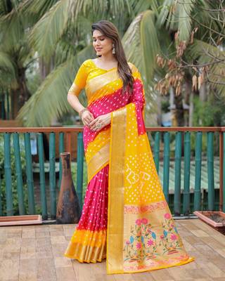 Yellow Pink Woven Design Bandhej silk blend Saree With Blouse 2