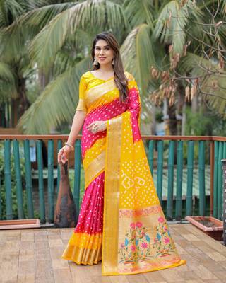 Yellow Pink Woven Design Bandhej silk blend Saree With Blouse 3