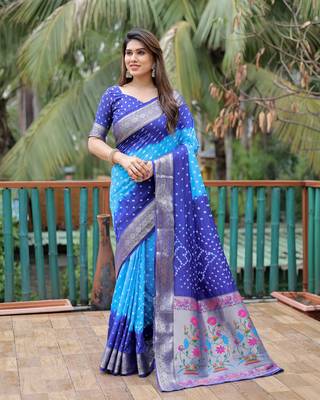 Blue Sky Woven Design Bandhej silk blend Saree With Blouse 1