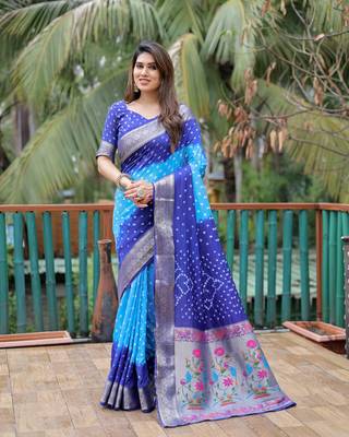 Blue Sky Woven Design Bandhej silk blend Saree With Blouse 2