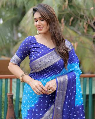 Blue Sky Woven Design Bandhej silk blend Saree With Blouse 5